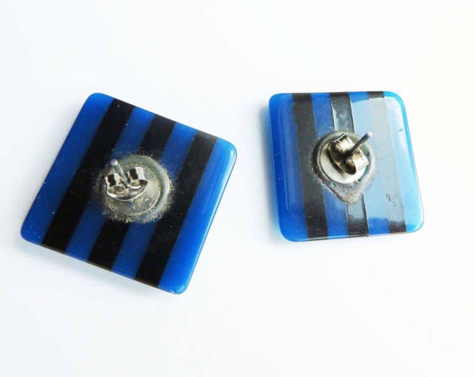 Lucite Striped Pierced Earrings Vintage Square MOD Black & Blue Studs, Retro Jewelry Gift Idea
