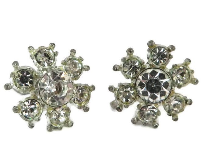 Rhinestone Snowflake Earrings - Vintage Signed Nemo Silver Tone Screw Back Earrings