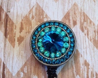 Turquoise crystal bling retractable badge reel