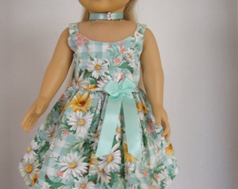 18 Inch Doll Dress/18 Inch Doll Clothes/ Green, Yellow, Pink Print Summer Sun Dress with Choker Necklace