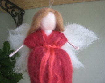 Handmade needle felted fairy, faerie, wool fairy, red fairy, Waldorf fairy