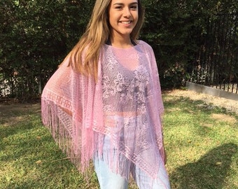 Pink lace poncho,Large, Pink, Semi Sheer ,Poncho ,Roses ,Fringed poncho