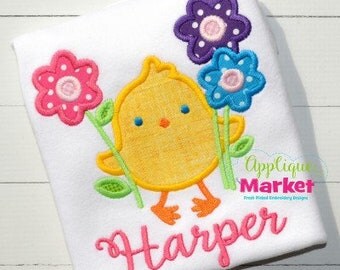 Personalized Easter Chick with Flowers Applique Shirt or Onesie Girl or Boy