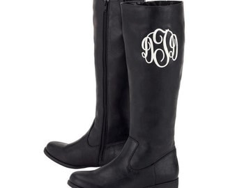 Monogrammed Faux Leather Boots in Black