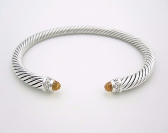 NEW David Yurman Sterling Silver Diamond 5mm Citrine Cable Cuff Bracelet - Medium