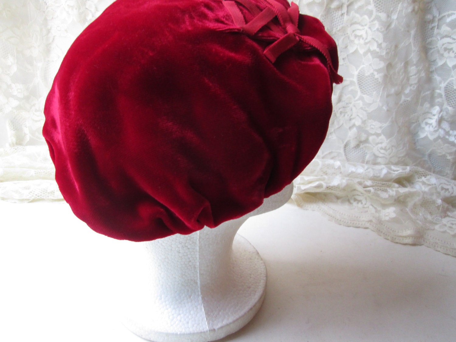 Red Velvet Beret Tam Vintage Lady Hat Mad Men Gatsby Flapper