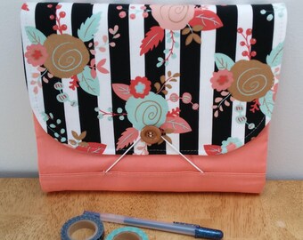 Planner cover fits Erin Condren Planner, EC monthly 7 x 9, Plum Paper, Happy Planner adj wrap around floral gold foil multi pockets closure