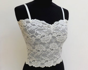 Ivory lace tank top. Elastic lace bralette. Floral lace