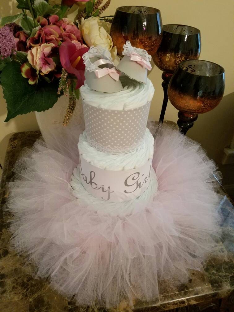 Three Tier Pink And Gray Ballerina Diaper Cake / Pink And Gray