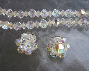 Vintage AB crystal beads bracelet and cluster clip earrings demi parure set - estate jewelry