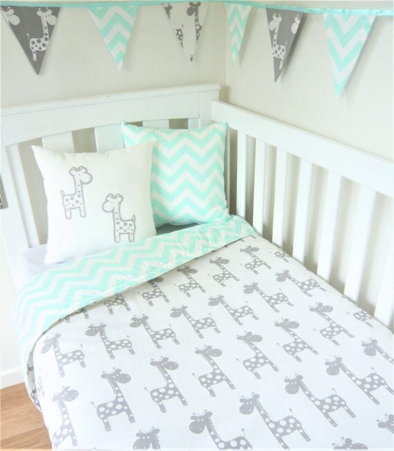 Grey and mint chevron giraffe nursery items