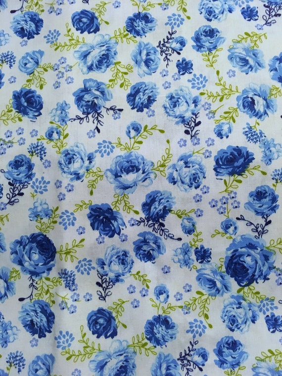 Blue Roses Fabric- Floral Fabric-blue, Green, White From 