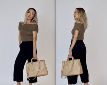 Vintage "INC" Taupe Silk Angora Blend Off Shoulder Short Sleeve Knit Top Sweater Size L