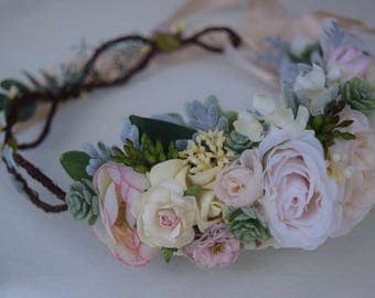 Ivory & Blush Succulent Flower Crown- Bridal Flower Crown - Flower Girl Crown - Seeded Eucalyptus and Dusty Miller Rose Flower Crown- Photos