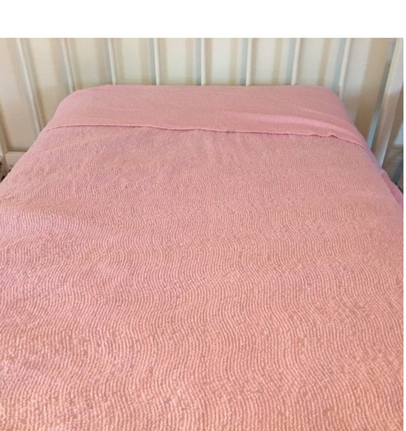 Vintage Pink Chenille Twin Bedspread with Fringe Throw Cottage