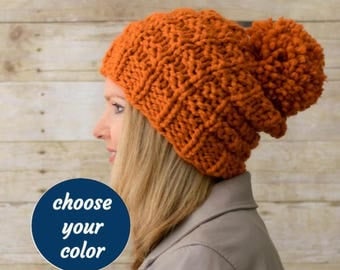Soft Wool Chunky Knit Hat, Knit Slouchy Hat, Knit Pom Pom Hat / LADDERS POMPOM HAT / 13 Colors Ready to Ship