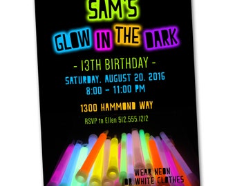 Glow in the dark party invitation, printable, Glow stick party, Neon party, Glow bowling