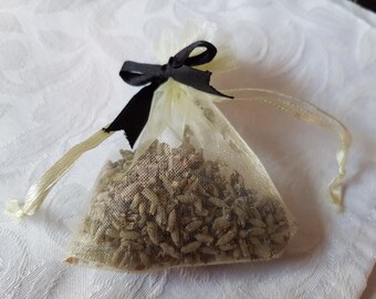 Organic Dried Lavender Bag - Wedding Favor - Yellow Organza with Black Ribbon - Scented Gift - Mothers Day Gift - British Grown