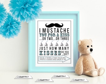 Blue I Mustache You for a Kiss -Game for Baby Shower 5x7 & 8x10 PDF Instant download printable