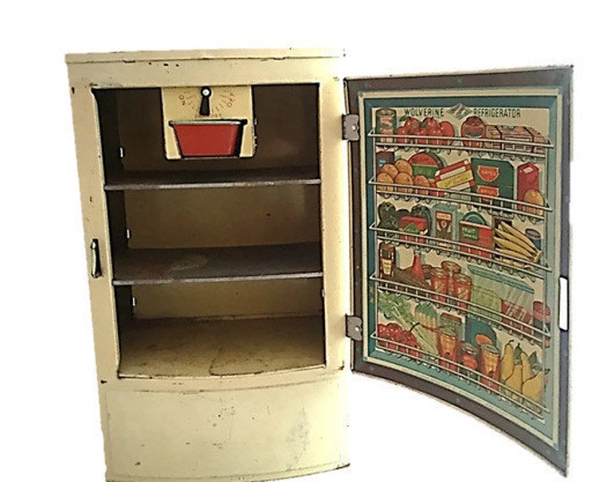 Vintage Tin Polar Refrigerator Miniature Ice Box Toy - Childrens Tin Toy Refrigerator Polar Fridge with Ice Tray and Ice Cubes