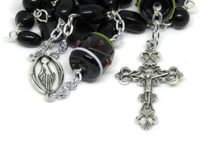 Gothic Black Rosary Necklace, Silver Rosary, Confirmation Gift, Catholic Rosary, Lampworked Rosary, Teen Rosary, Rosaries For Men