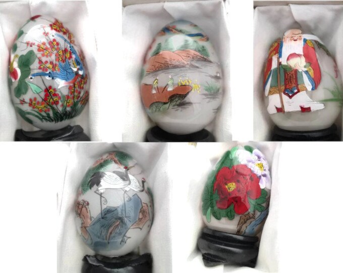 Vintage Reverse Painted Eggs - Set of 5 Chinese EGLOMISE Reverse Painted Eggs with Original Box,