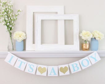 It's a Boy Banner - It's a Boy Sign - Boy Baby Shower Decorations - Blue and Gold Baby Shower Decor