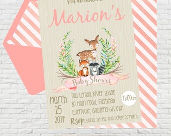 Woodland Baby Shower Invitation, Woodland Animal Pink Baby shower Invite, Woodland Baby shower decor, Pink Animal baby shower, Editable,