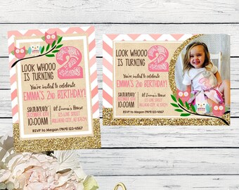 Owl birthday invitation- Burlap & Glitter ***Digital File*** (OWL-CORAL)