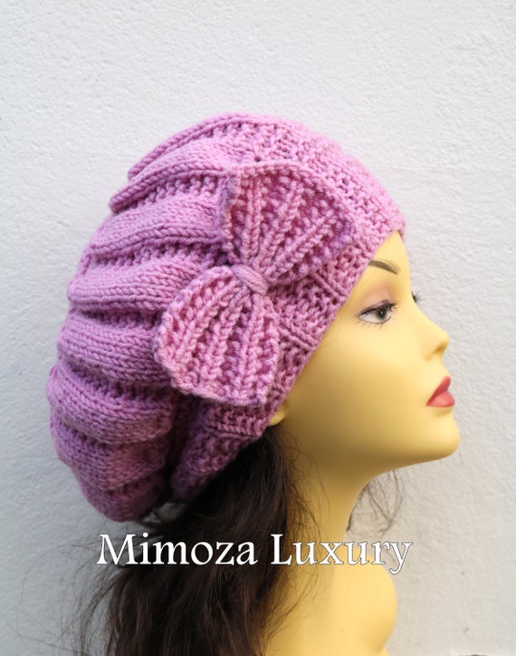 Pink Woman Hand Knitted Hat with Bow, Beret hat with bow, Pink knit hat, slouchy knit women's hat with bow, pink winter hat, pink women hat