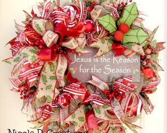 Christmas Wreath- Rustic Wreath- Holiday Wreath- Deco Mesh Wreath- Front Door Wreath