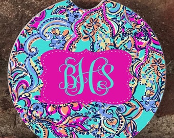 Monogram Absorbent Stone Car Coasters(set of 2),Personalized Car Coaster, Lilly Pulitzer Inspired His & Her Cup Holder(set of 2)