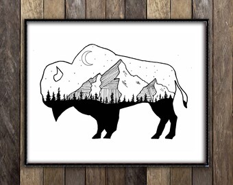 Buffalo Print, Bison Skull, Western Decor, Ranch Signs, Mountain Art, Forest Sketch, National Park, Rocky Mountains, Night Sky, Moon Stars