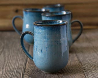 Blue Ceramic Mugs / 10oz Mugs / Set of 4 Mugs or 6 Mugs / Stoneware Mugs / Rustic Pottery / Pottery Dishes / Blue Pottery / New Home Gift