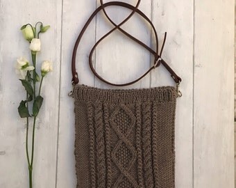 Knitted bag, crossbody messenger bag, soft wool blend aran pattern cross body messenger bag, ipad bag
