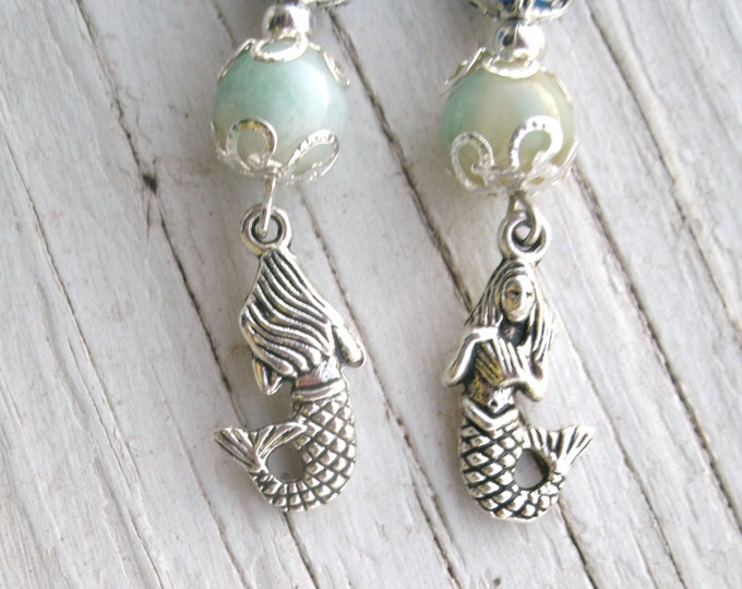 Mermaid Charm earrings, beaded, silver leverback wires, detailed mermaid charms, beads are Labradorite, blue agate, Opalite, fantasy