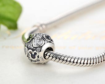 925 Silver Heart Mickey Mouse Disney Charm Bead. 100% Sterling with CZ Crystals Fits Pandora Charm Bracelet, Necklace for DIY Jewelries