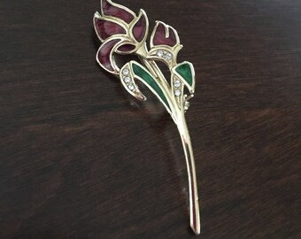 Vintage Red and Green Enamel and Rhinestone Flower Pin