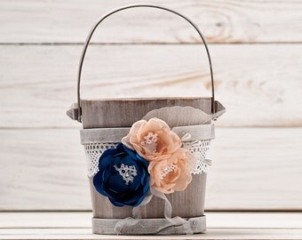 Navy Blue Blush Flower Girl Basket Wedding Basket Wood Flower Basket Flower Girl Bucket Blush and Royal Blue Peach Wedding Accessories