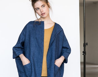 Washed oversized short linen - wool blend kimono/cardigan/jacket