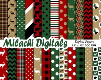 60% OFF SALE Lumberjack digital paper, buffalo plaid scrapbook papers, woodland wallpaper, moose background - M409