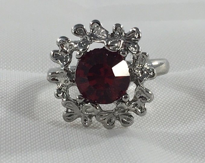 Storewide 25% Off SALE Vintage Silver Tone Ruby Red Rhinestone Adjustable Designer Cocktail Ring Featuring Butterfly Trim Design