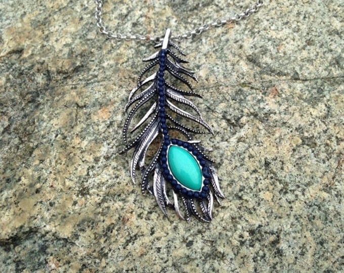 Storewide 25% Off SALE Vintage Designer Inspired Silver Toned Unique Feather Pendant with Turquoise Colored Stone on Silver Toned Necklace &