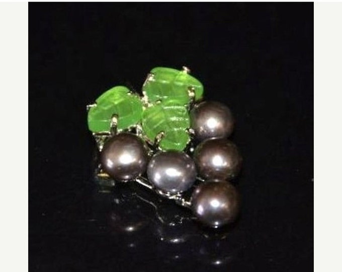 Storewide 25% Off SALE Vintage Genuine Black Tahitian Pearl Designer Grape Bunch Pendant Brooch Featuring Beautiful Green Leaf Accent Design
