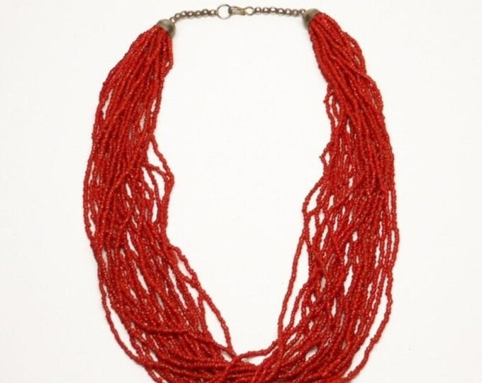 Storewide 25% Off SALE Vintage Stunning Twenty-One Strand Red Coral Inspired Seed Bead Designer Oversized Necklace Featuring Mid-Century Rev
