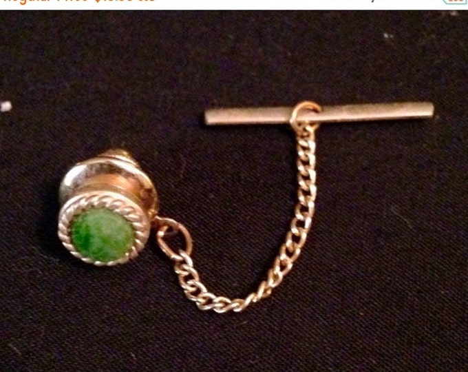 Storewide 25% Off SALE Gentleman's Vintage Gold Tone Round Emerald Studded Designer Tie Tac With Chain Link Bar Featuring Gold Rope Accents
