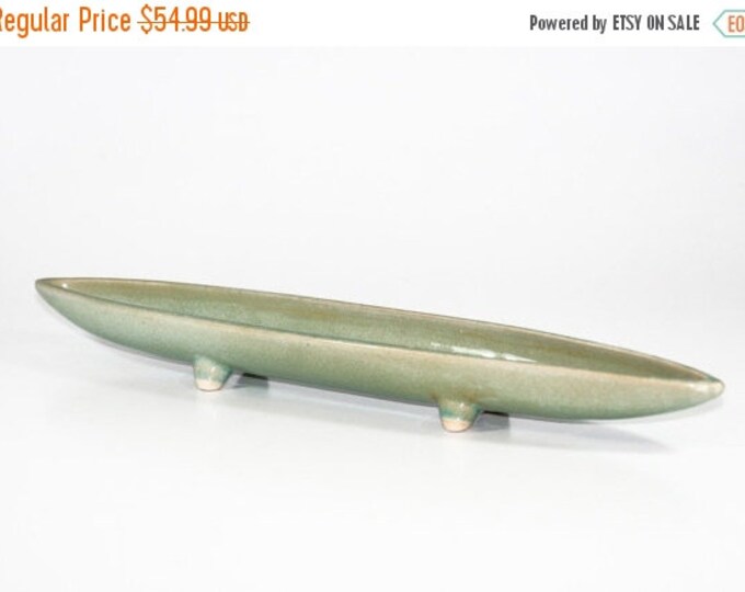 Storewide 25% Off SALE Vintage Elongated Celedon Jade Green Ceramic Footed Art Bowl Featuring Eclectic Slender Design Form