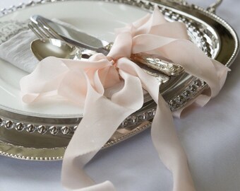 Blush silk ribbon, 6 yards hand-dyed blush silk habotai ribbon, bridal bouquet ribbon, wedding styling, Dessy Blush ribbon