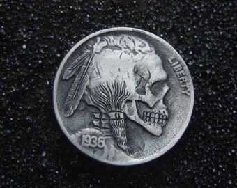 Hobo Nickel Skull By M.J. Petitdemange engraved coin,memento mori,carved skull,Jewelry,Art-metal-Fathers-Dads Day-Halloween,Day of the Dead