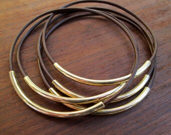 Brown Leather Bracelet Set, Women's Gift, Gold Brown Womens Leather Stacking Bracelet, Thin Leather Bangles, Brown and Gold Tube Bangle Set